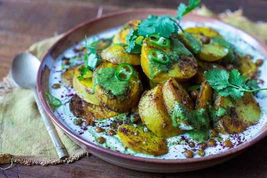 Indian Spiced Potatoes With Yoghurt, Crispy Chickpeas & Coriander Salsa